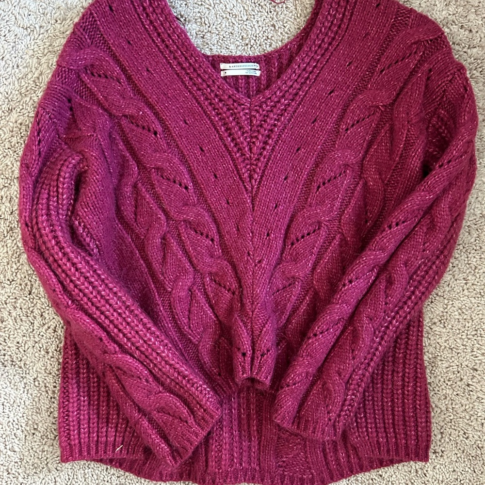 Anthropologie Pink V-Neck Sweater Cable Knit